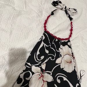 White House Black Market Silk stretch top with red beaded neck